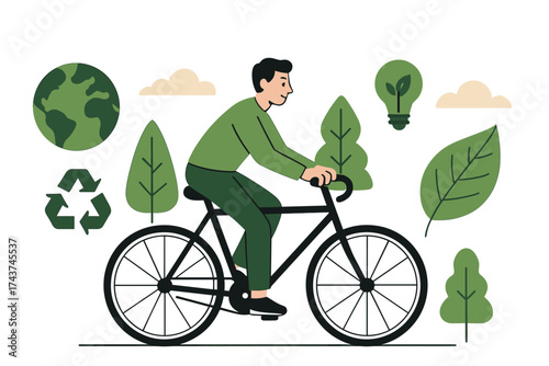 Eco-friendly commuting: man riding bicycle surrounded by green elements