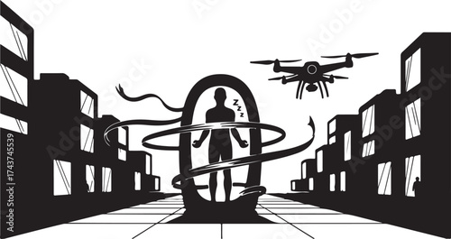 Silhouette of a person trapped within a swirling ribbon structure in a futuristic city with a surveillance drone overhead