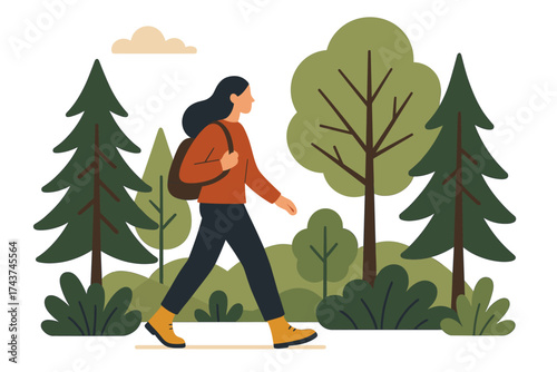 Flat design nature walk: woman hiking through a forest