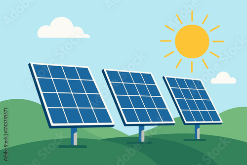 Flat design solar panels in sunny landscape with green hills