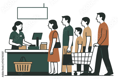 Flat design of people queuing at a checkout counter