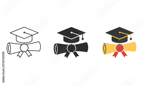 Graduation cap and diploma icons set for academic achievement celebration