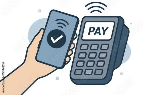 Contactless payment with smartphone and card reader in modern flat design