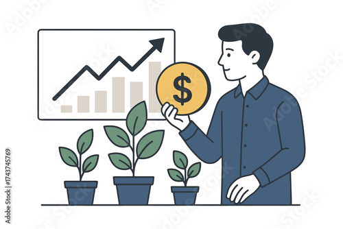 Financial growth concept with man holding coin and rising graph