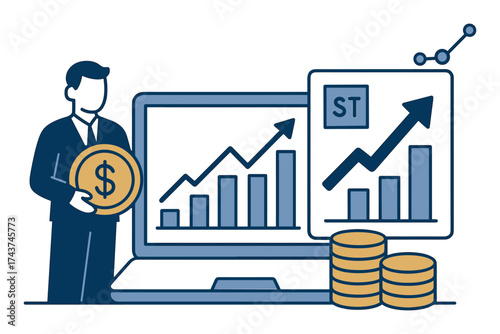 Business growth and financial success concept with rising graphs and coins
