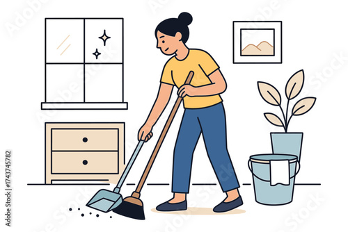 Woman sweeping floor in modern line art style