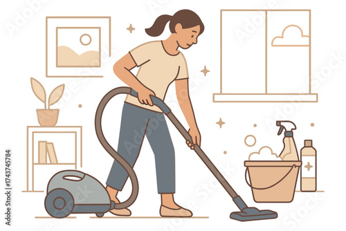 Woman cleaning home with vacuum cleaner in modern flat style