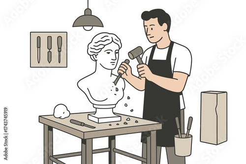 Artisan sculptor crafting a classical marble bust in minimalist workshop