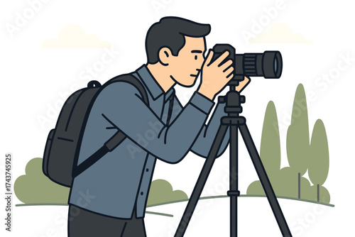 Outdoor photographer capturing nature with camera on tripod in minimalist style