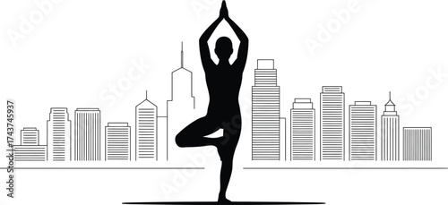 Yoga Silhouette Tree Pose Serenity Urban Scene Wellness Lifestyle Exercise