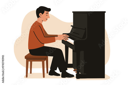 Pianist playing upright piano in cozy room flat style