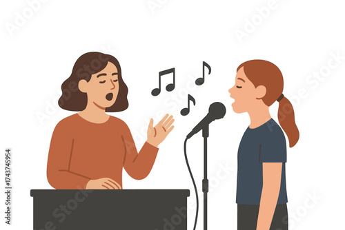 Music lesson: singing practice with teacher and student at microphone