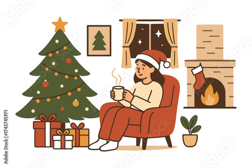 Cozy christmas scene with woman relaxing by fireplace in santa hat