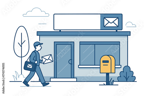 Mail carrier delivering letters to postal office in simple line art style