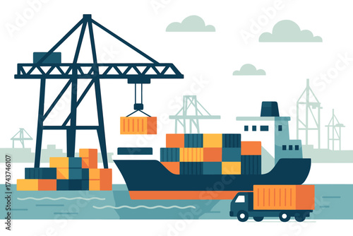 Cargo ship and crane at industrial port with container truck in flat design