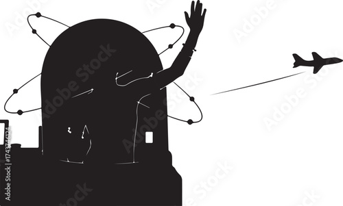 Silhouette of an alien waving from a spaceship with an airplane flying in the distance against a white background