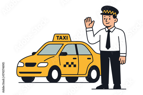 Cheerful taxi driver in uniform waving beside yellow cab