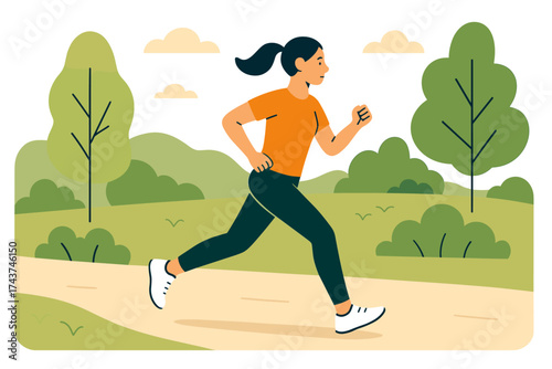 Woman jogging in nature park with greenery and trees in flat style
