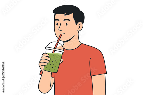 Refreshing drink enjoyed by young man in flat style