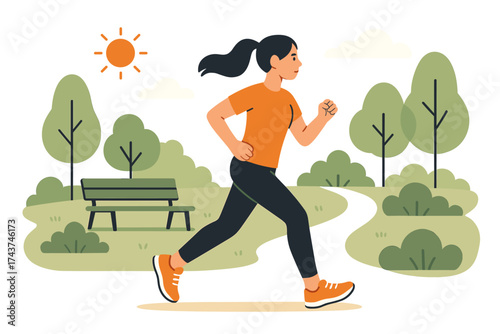 Woman jogging in scenic park setting with trees and sun in flat style