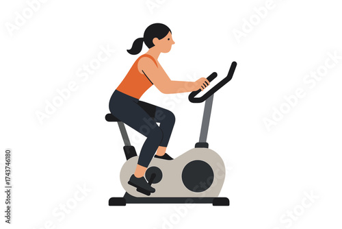 Woman exercising on stationary bike in flat design