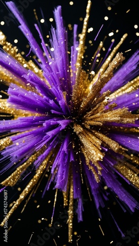 Dynamic Explosion of Gold Glitter and Purple Confetti on a Black Background