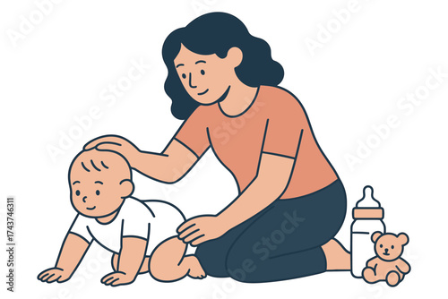 Mother with baby and toys in playful moment: family bonding time in minimal flat design