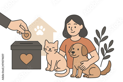 Animal donation: woman caring for cat and dog with donation box