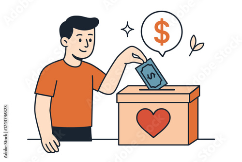Person donating money into charity box with heart symbol and dollar sign