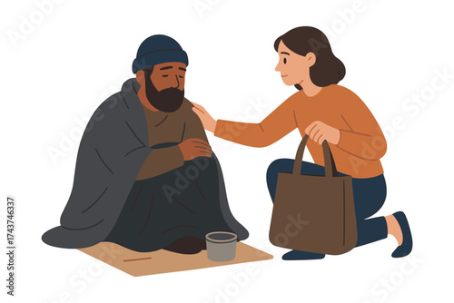 Supportive gesture: woman comforting homeless man with empathy and kindness