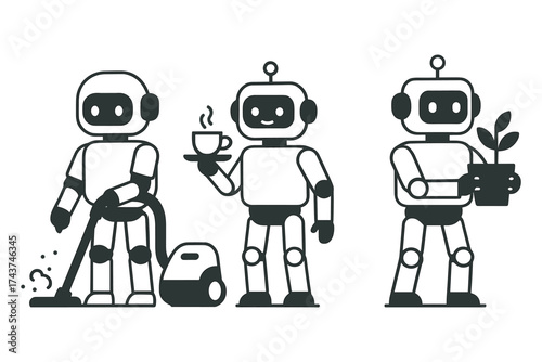 Cute robots performing daily tasks: vacuuming, serving coffee, holding a plant