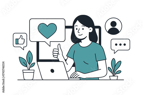 Woman engaging with social media on laptop in minimalist flat design