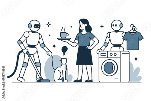 Modern home helpers: robots assisting in household chores with a woman and cat