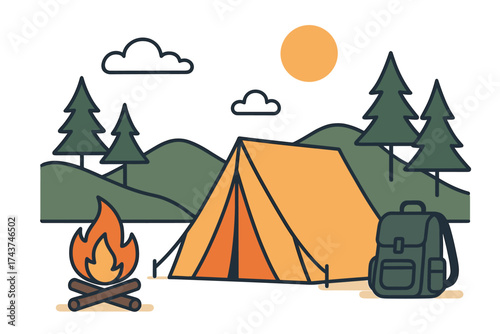 Outdoor adventure: camping scene with tent, campfire, and backpack in nature