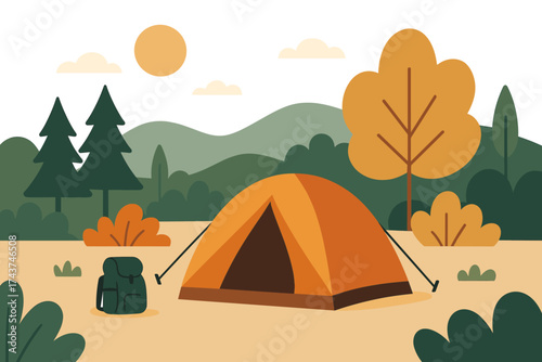 Autumn camping scene with tent and backpack in flat design