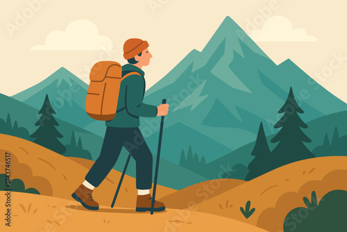 Outdoor adventure hiking in scenic mountain landscape with trees