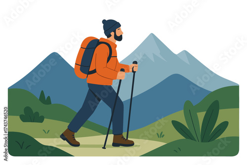 Hiker in nature: man trekking through mountain landscape in flat design