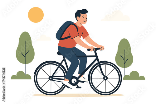 Smiling man cycling in nature on a sunny day with backpack under blue sky