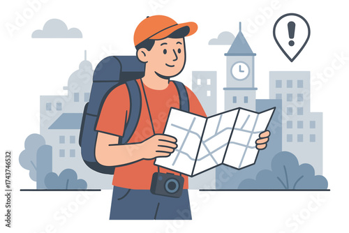 Traveler with map exploring city landmarks in flat style