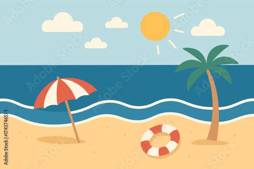Sunny beach scene with palm tree and umbrella in minimalist style