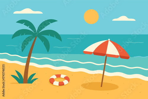 Tranquil beach scene with palm tree and parasol under the sun