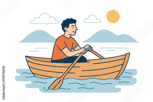 Man enjoying a peaceful rowing experience in a serene landscape