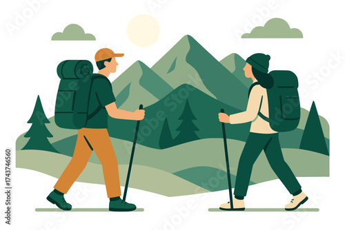 Adventure hiking in nature: two people trekking in mountain landscape