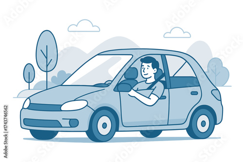 Happy woman driving compact car in minimalist blue linear style with nature background