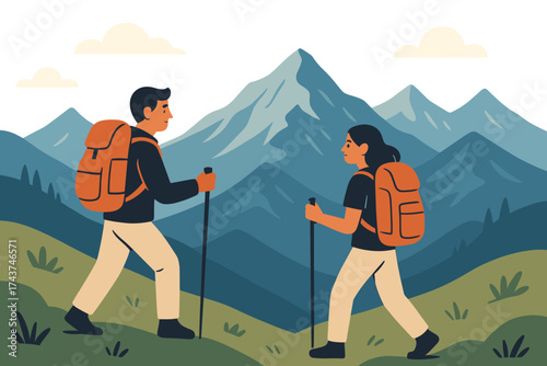 Couple hiking in the mountains with backpacks in flat design style
