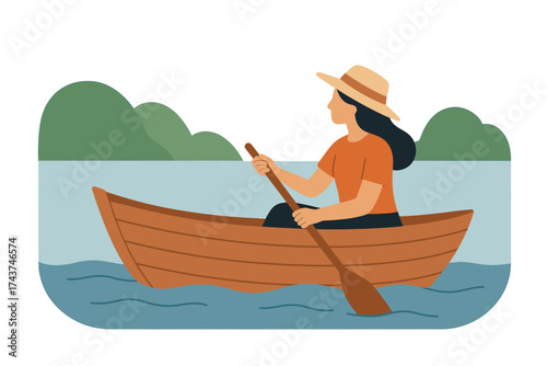 Woman rowing on lake in flat design with scenic nature background