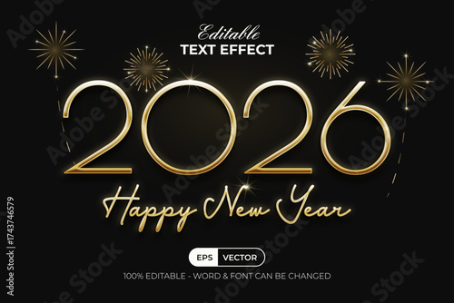 2026 Happy New Year Text Effect Gold Style. Editable Text Effect With Fireworks Background.