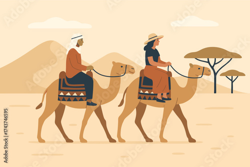 Desert adventure with people riding camels through a scenic landscape