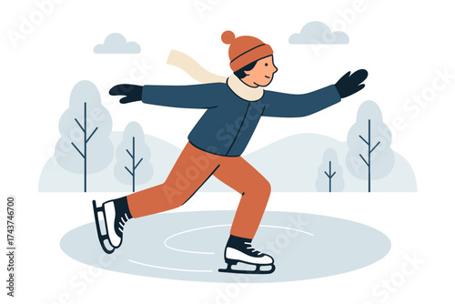 Winter fun: flat design of person ice skating in snowy park scene