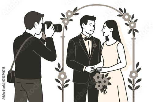 Wedding photographer captures happy couple under floral archway